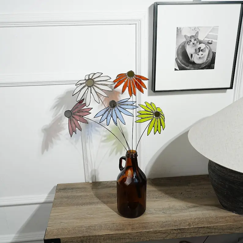 Stained glass Coneflower bouquet Table decor,Colorful Glass flower,