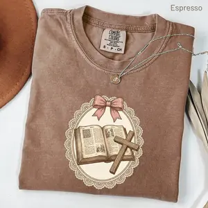 Comfort Colors Vintage Thrifted Christian Cross TShirt, Christian T-Shirt, Coquette Cottage Core Oval Frame Bible T-Shirt, Faith Tee