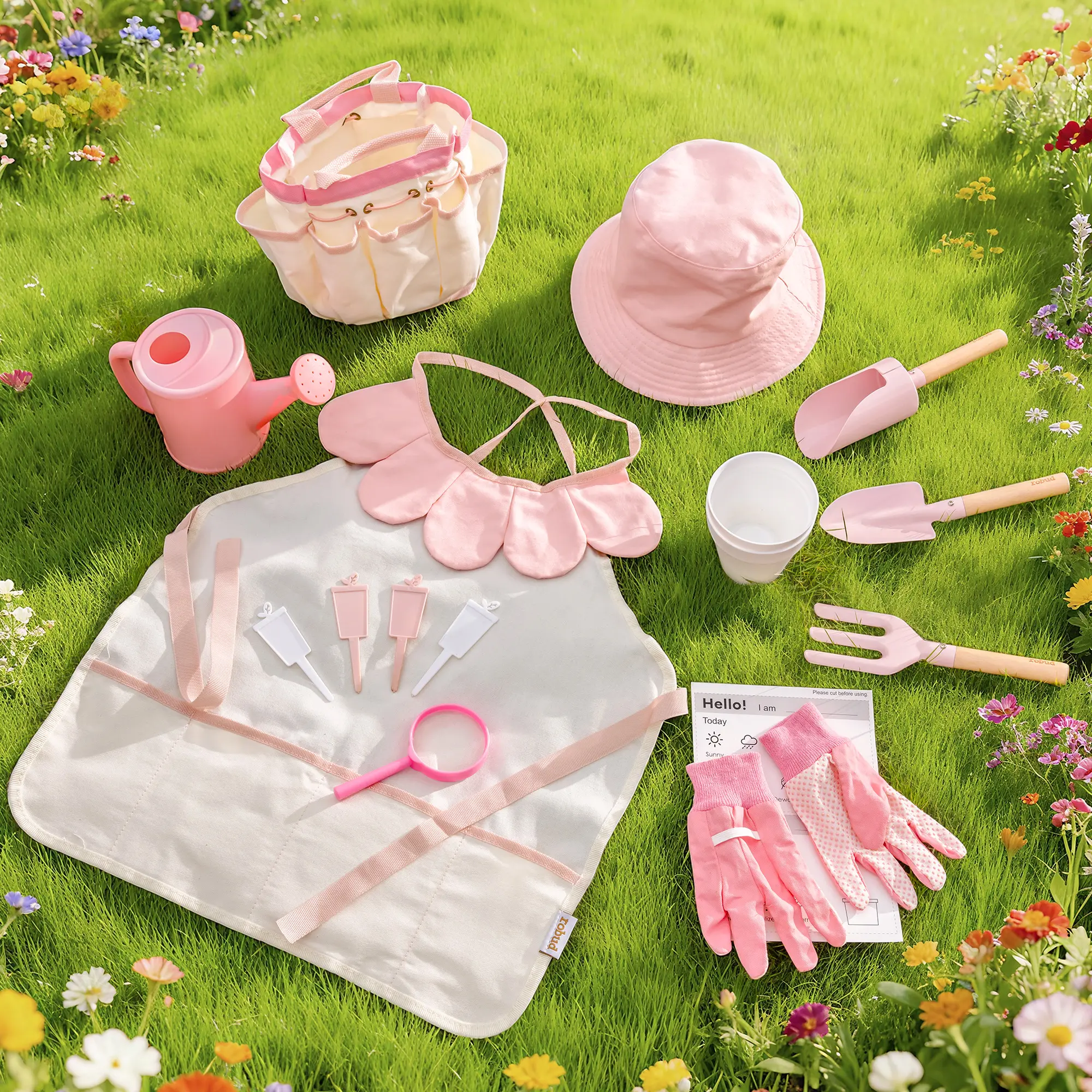 ROBUD Kids Gardening Set Series, Bow Theme Garden Tools for Kids with Storage Bag, Apron, Waterproof Gloves, and Planting Cards – Educational Outdoor STEM Gardening Toy Gift for Girls and Toddlers