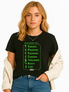 Fallout Black T-Shirt with Green Fallout S.P.E.C.I.A.L Stats Print, Perfect for Gaming Fans - Summer, Personalized Short Sleeve T-shirt, Unisex, Breathable, Versatile, Plus Size, USA Made Cotton Everyday