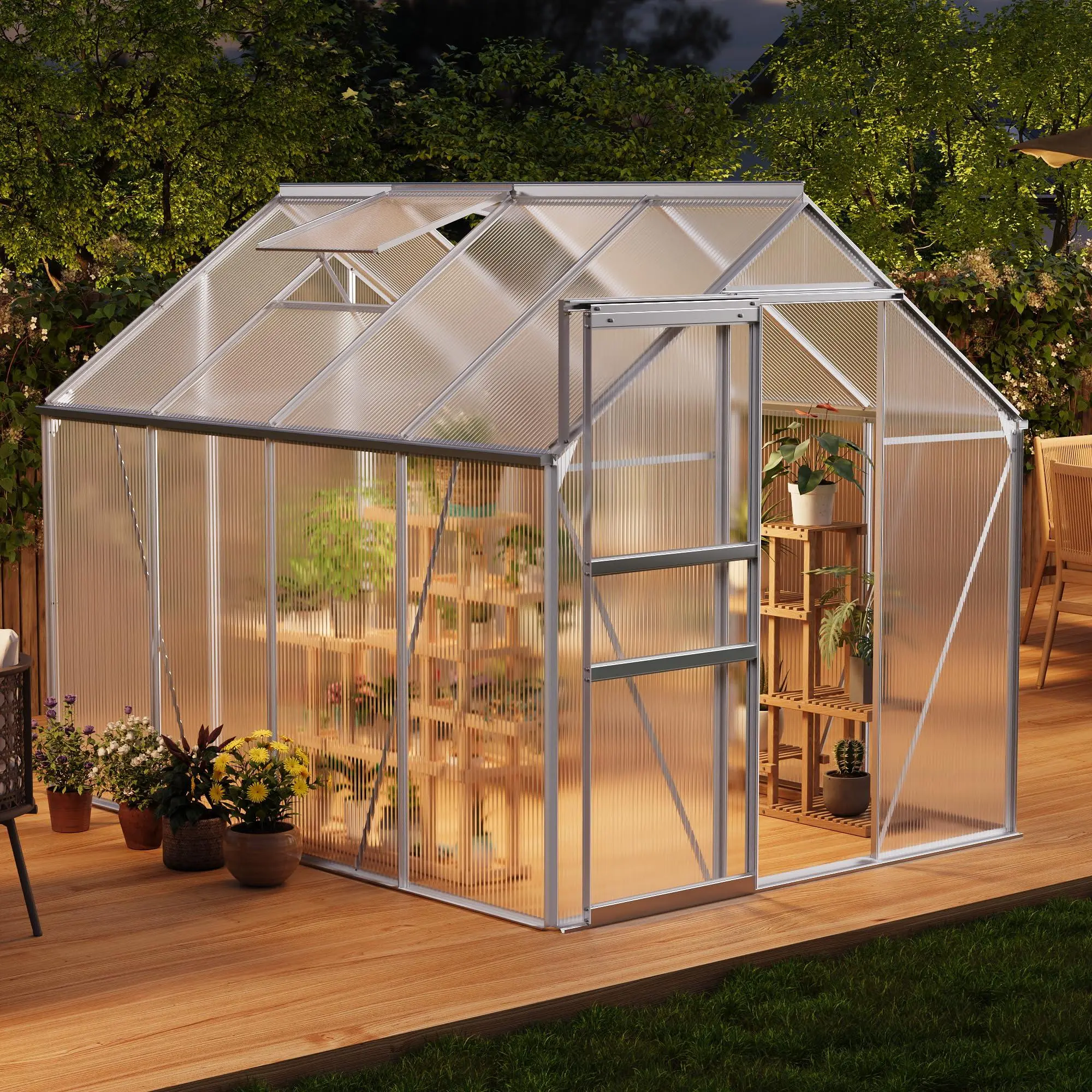 6x8 FT Heavy-Duty Polycarbonate Walk-in Greenhouse with Aluminum Frame, Sliding Door, Adjustable Roof Vent for Backyard, Patio Plants
