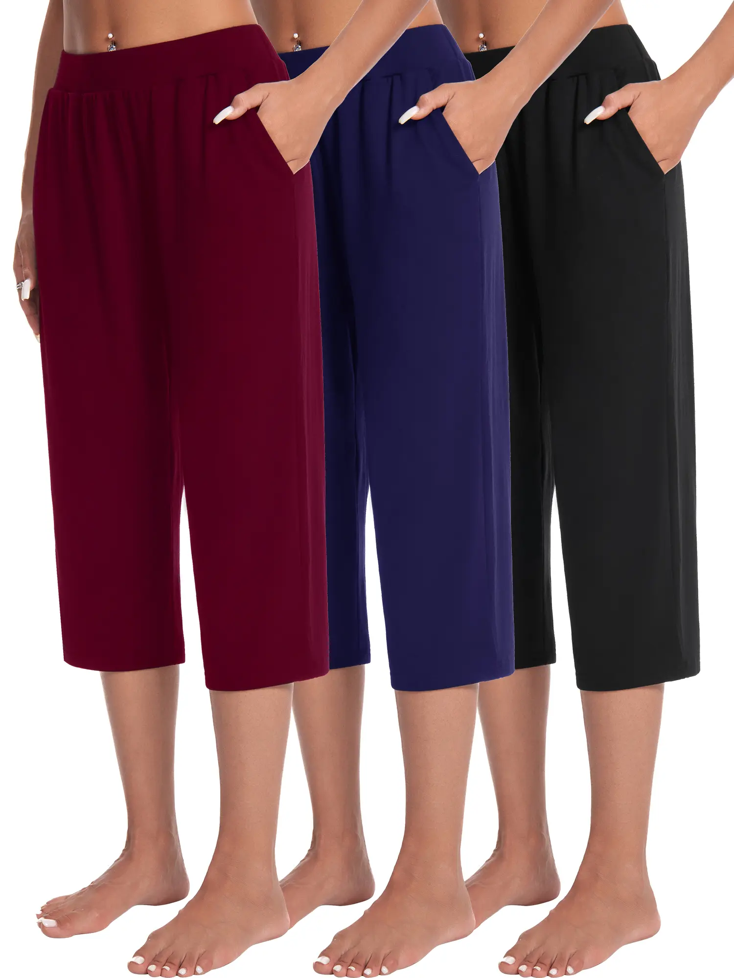 Women's 3PCS Capri Pants Set - Lightweight, Soft, Stretchable, Comfortable Everyday Womenswear Bottoms, Casual Loose Lounge Outfit, Red + Navy + Black Basic Minimalist, Casual Comfy Shorts