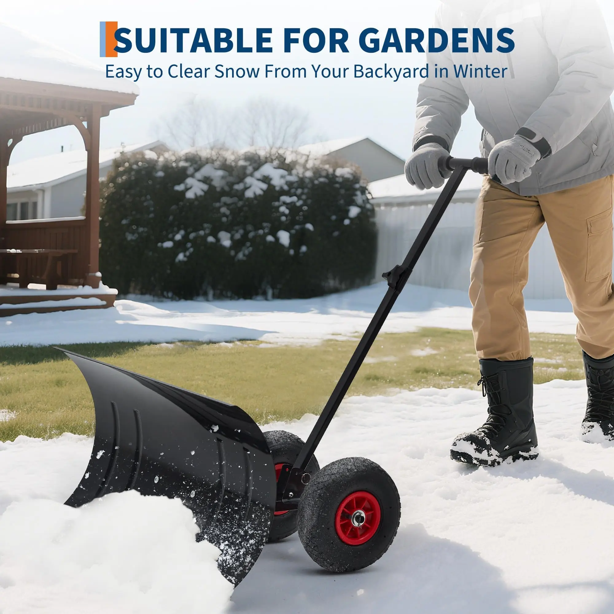 【Christmas Gift】30in W x 17in H Snow Shovel with Ergonomic Handle for Driveway, Heavy Duty Push Snow Plow Shovel with Large Adjustable Handle, Angled Blade and Wheels, Snow Removal for Driveway, Courtyard