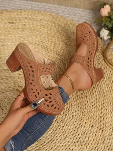 Women's Leather High Heel Sandals, Thick Hollow Out Decoration, Chunky Square Toe, Summer Elegant Shoes, Comfortable Anti-Slip, Platform Heeled Sandals