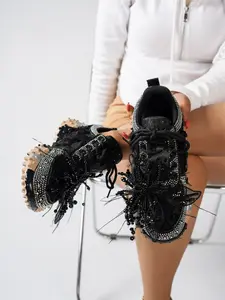 Women's Rhinestone Checkered Dad Shoes, Thick Sole Height Boost Anti-Slip, Casual Sporty Footwear, All-Season Textile Rubber Soles