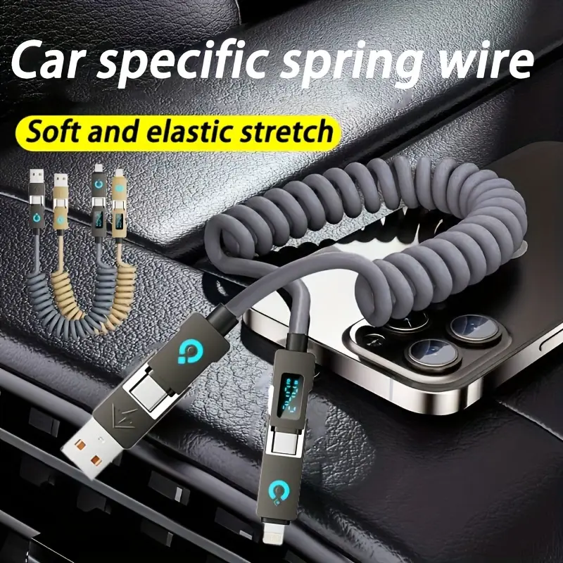 240Wmax with Digital Display, Universal Four-In-One High-Speed Charging Data Cable, Multi-Functional Super Fast Charging Spring Retractable Fast Charging Cable, Suitable for Various Models Such As Iphone, Xiaomi, And Huawei