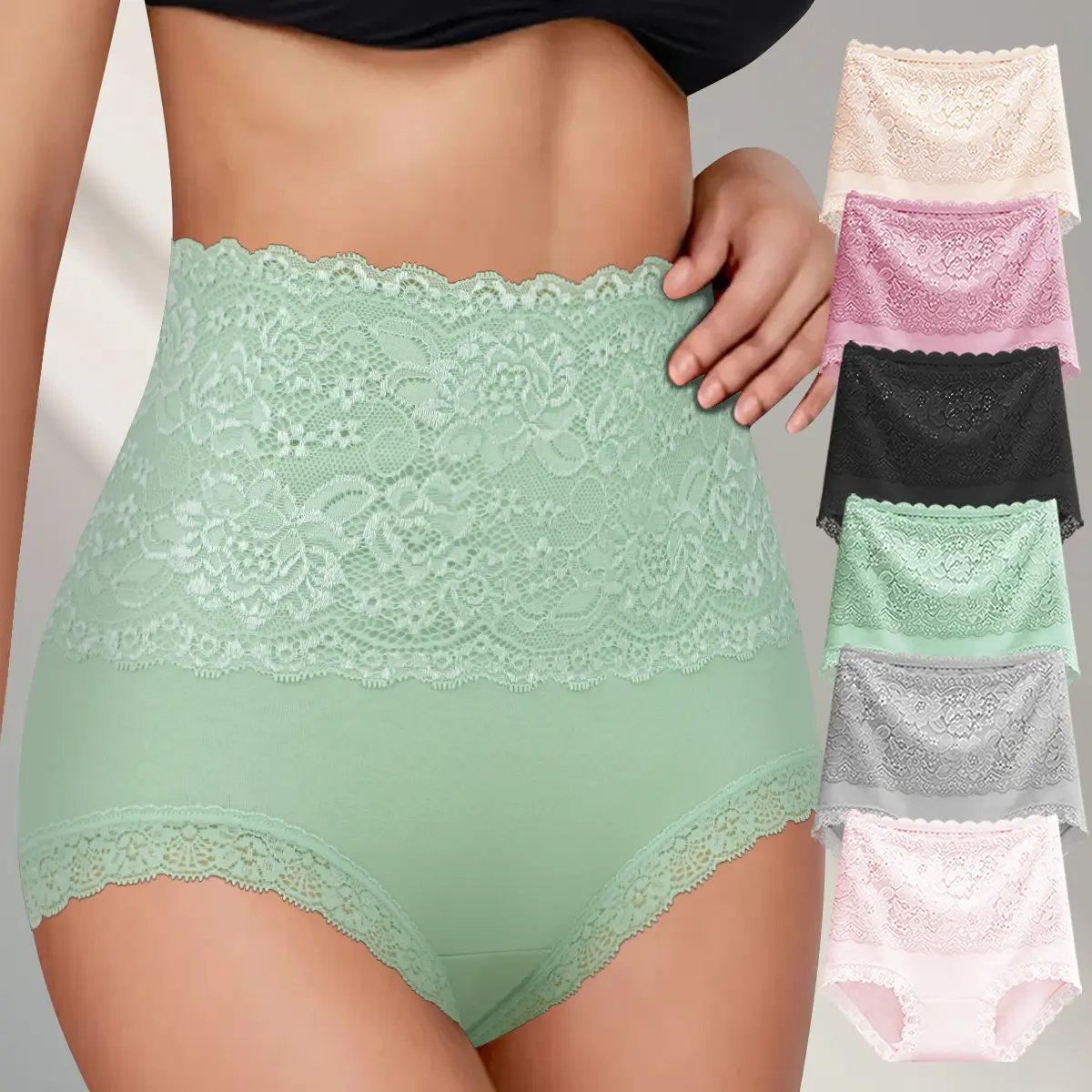 QUASTI 6pcs Women's High-Waisted Cotton Panties, Breathable High-Stretch Underwear with Contrast Lace, Butt-Lifting & Abdominal-Tightening Fashionable Briefs for Daily Wear, Ideal Birthday Gift for Girls
