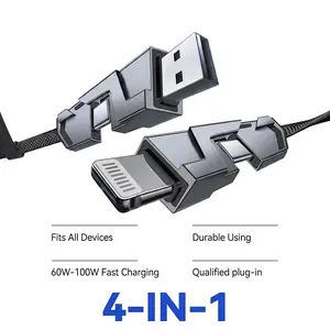 4 in 1 Fast Charging Cable Multi Connector USB Charging Cord Compatible with Type C Micro USB and Phone Devices for Home Office Travel