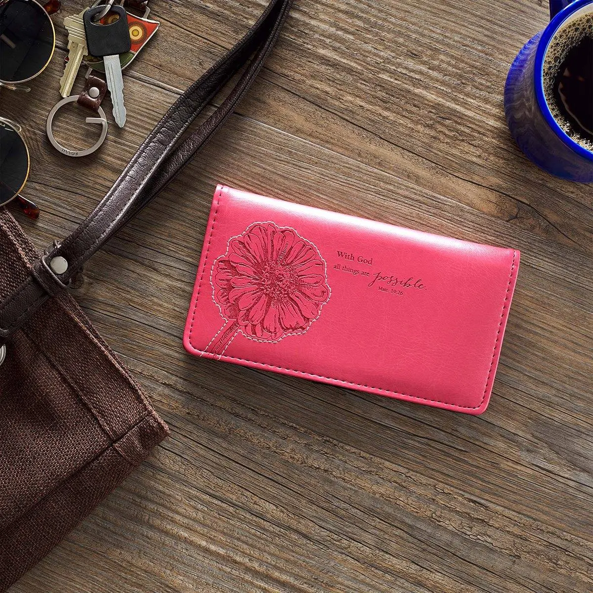 Inspirational Unisex Faux Leather Checkbook Wallet - Matthew 19:26 "All Things Are Possible" Checkbook Cover, 3 Credit Card Slots, 3.7 x 6.9 x 0.6 Inches, for Banking Use