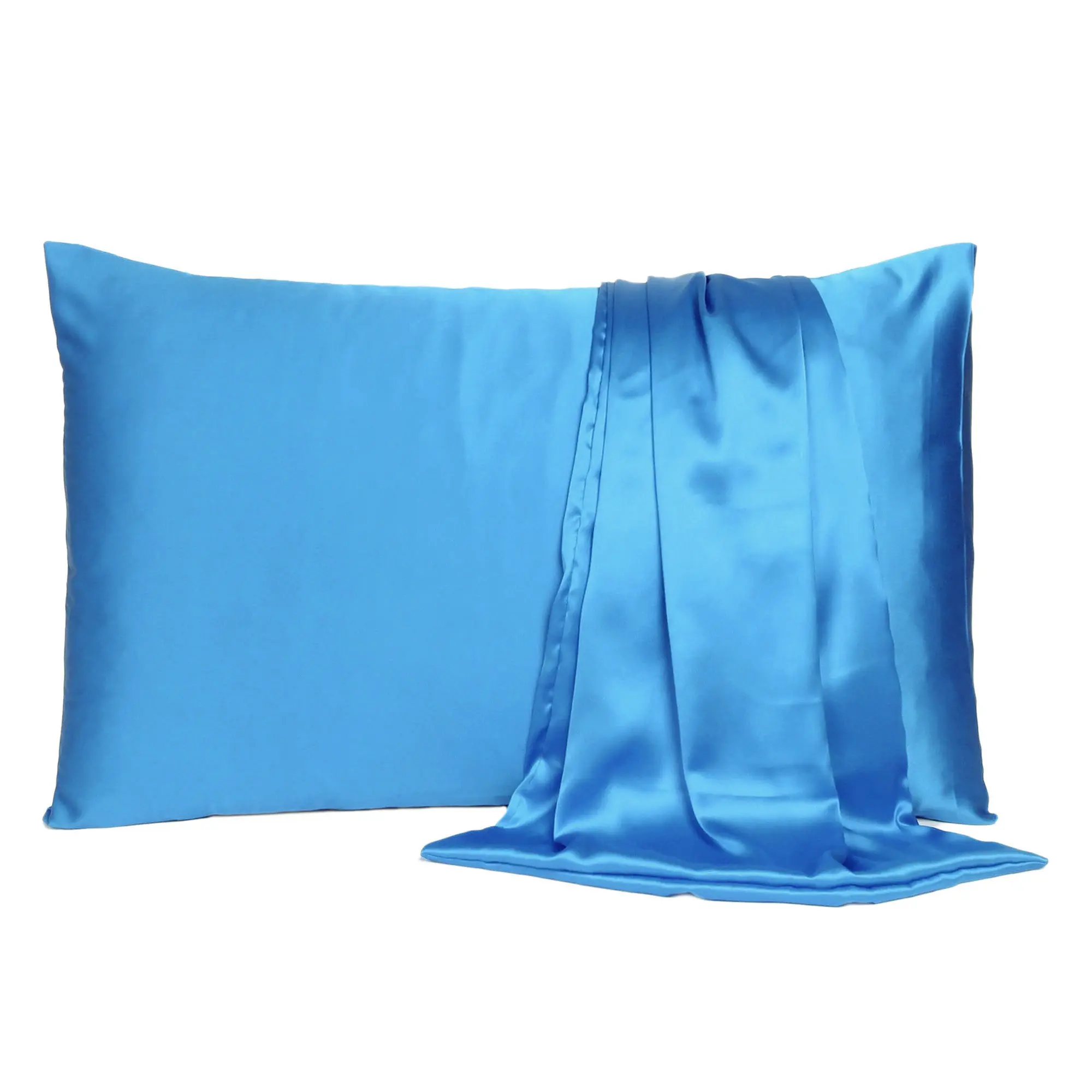 Solid Bright Blue Silky Satin Queen Pillowcases - 2-Piece Skin-Friendly Bedding for Bedroom Aesthetic