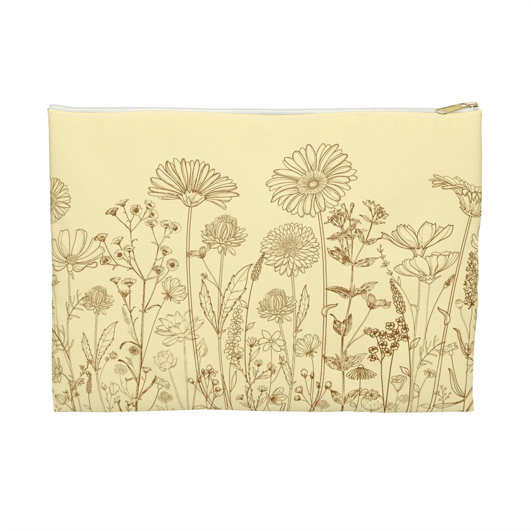 Yellow Wildflower Pencil Case, Floral Yellow Brown Makeup Bag, Boho Flower Cosmetic Toiletry Pouch, Gifts for Her, Back to School Gift