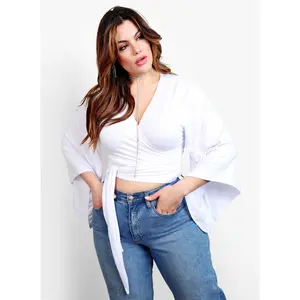 Go On Kimono Sleeve Wrap Around Tie Front Crop Top - White