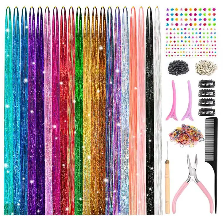 Shiny colorful Tinsel Hair laser gold  and silver shiny metal wire  hair extensions（Tools not included）