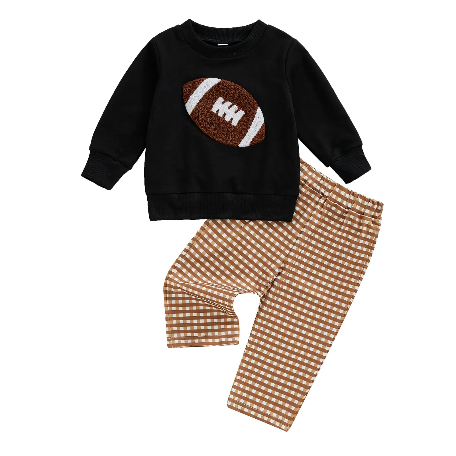 LAGKIYOJ KIds Toddler Baby Boy Football Outfits Fall Football Pants Set Embroidered Long Sleeve Round Neck Sweatshirt Tops+Plaid Long Pants Outfits