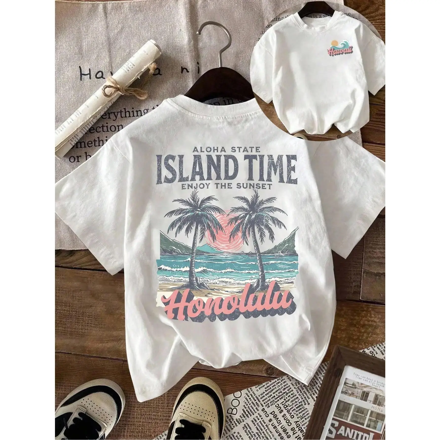 Comfortable Hawaiian Island Vibes T-Shirt for Women |   Retro Summer & Beach Vacation Tee, Perfect Gift for Beach Lovers, Casual Aloha Shirt letter print short sleeve t-shirt t-shirt womanboutique tees,printed tee,Casual Street tee