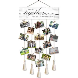 Family Picture Frames Collage Wall Decor,Clip Photo Holders for Wall,Wooden Hanging Photo Display with 16 Clips 5 Strings,And So Together They Built A Life They Loved Sign Wall Decor