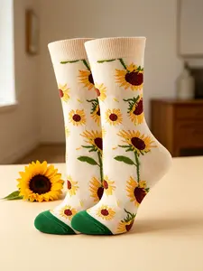 Sunflower Print Crew Socks, Breathable Slim-Fit Ankle Socks, Toe Reinforced, Ideal for Students & Office Wear, All-Season Casual Style