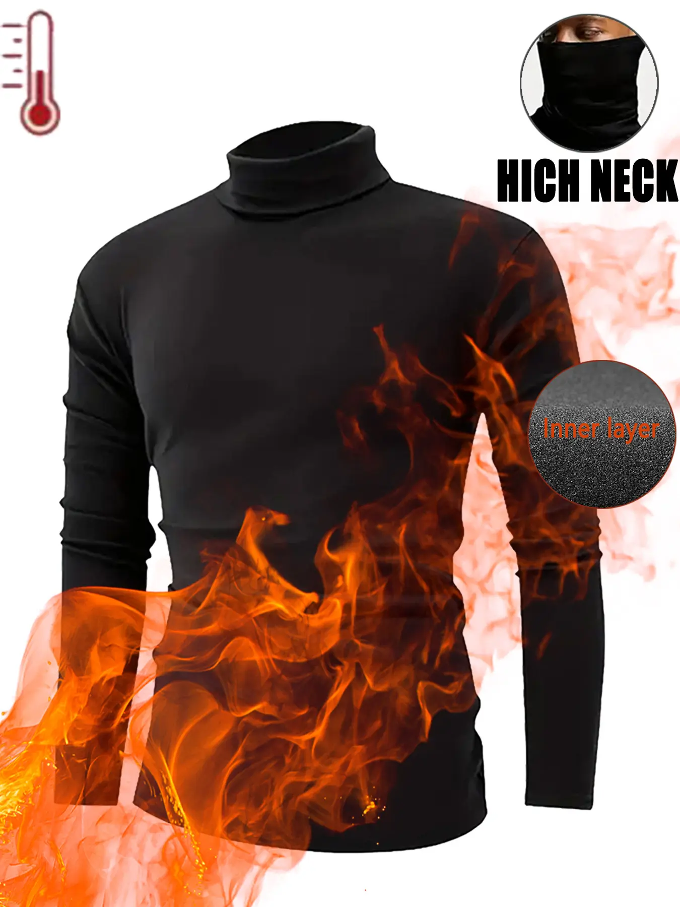 Men's Sport Warm Innerwear Top, High Neck Long Sleeve, Elastic Compression Fitted, Winter Casual Shirt, Outdoor Running Fitness Cycling Basketball Training