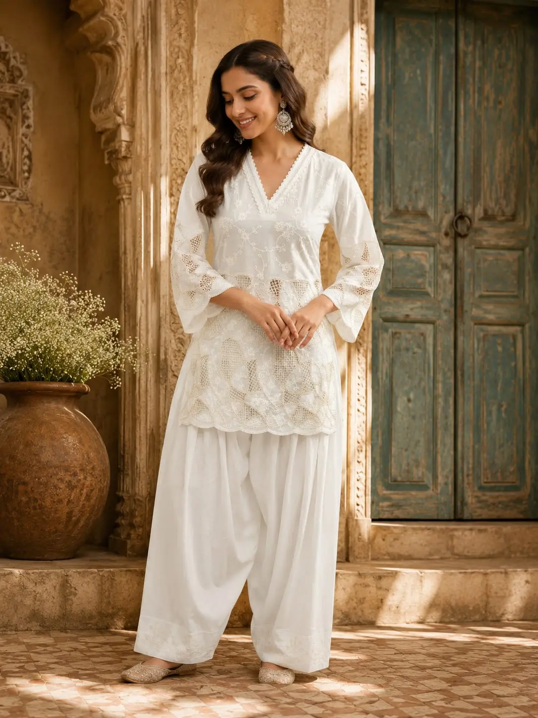 White Chikankari Schiffli Coord Set - Kurti and Farshi Salwar