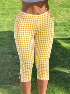 1 Piece Gingham Lace Trim Capri Pants Bottoms, Casual Versatile Vintage Fitted Slim-Fit Womenswear Trousers