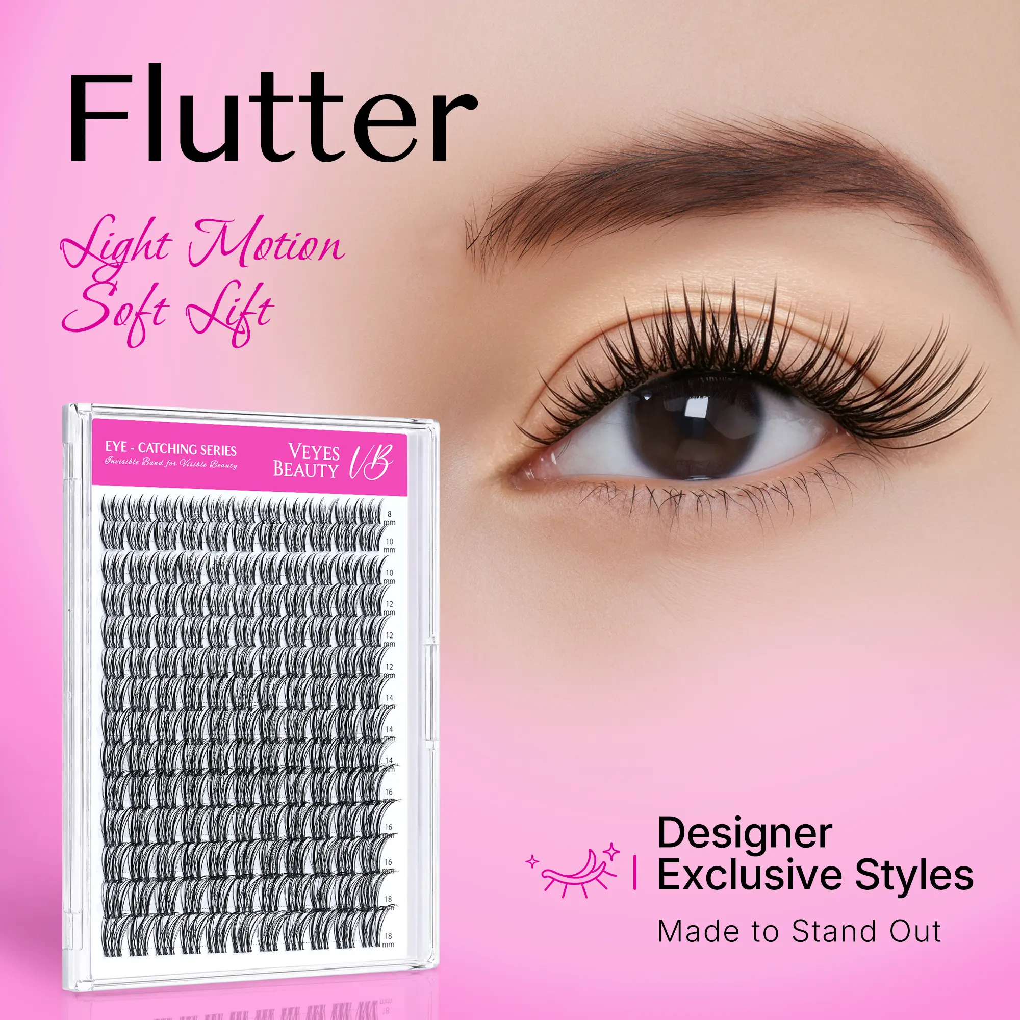 VEYESBEAUTY VB-Flutter Lash Clusters Kit, 100% Handcrafted PBT Fibers False Lashes with Ultra-thin Invisible Band, Wispy Mixed Length DIY Kit for Home Eye Makeup Products Application