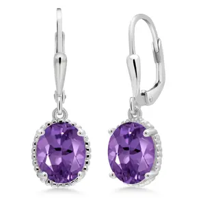 925 Sterling Silver Purple Amethyst Leverback Dangle Earrings For Women 3.20 Cttw, Gemstone February Birthstone, Oval 9X7MM
