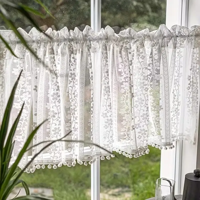 1pc French Vintage Hollow Out Fringe Lace Transparent Short Curtain, Window Drapes, Rod Pocket Hanging, Kitchen Cafe Curtain, Cabinet Cover, Room Divider, Window Decor, Home Decorative Curtain, Kitchen Curtains, Home Decoration Curtain