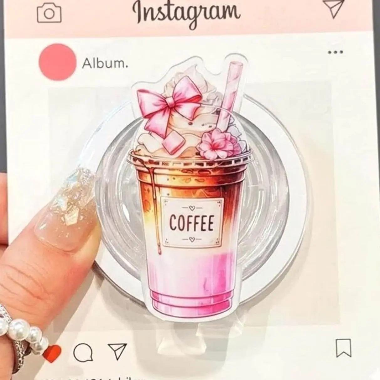 Pink Iced Coffee Phone Grip: Coquette Coffee Magnetic Socket, Bow Griptok for Her