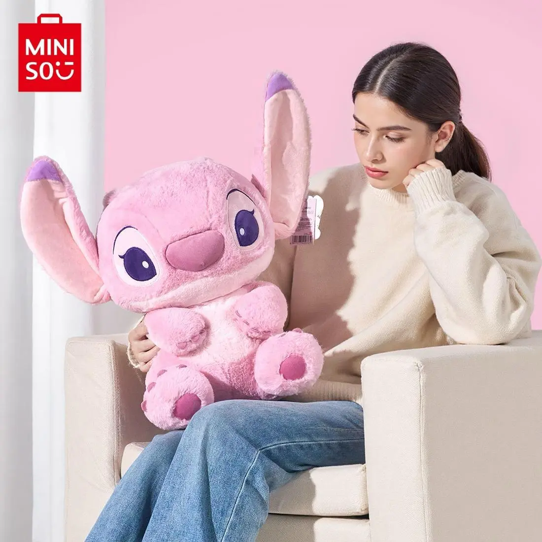 Disney Stitch Series Angel No.18 Character Plush Stuffed Toy, Pastel Blush Pink Soft Stitch Plush, Big Sitting Huggable Toy for 3+ Years Kids, Home Decor, Character Plush Stuffed Toys，Back To School