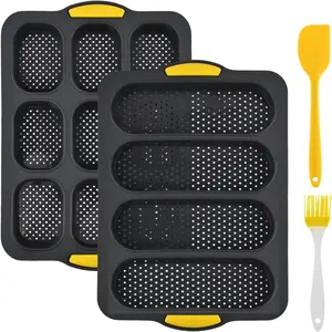 2 pcs Silicone Baguette Bread Pan Set, 4 Hole Non-Stick Long French Loaf Pan and 9 Hole Hamburger Bun Mold with Scraper Oil Brush for Homemade Baguettes Buns Sandwich Rolls Toast(COLOR:Grey)