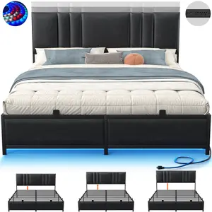 Aheaplus Bed Frame with 3 Height Adjustable Headboard, Upholstered Leather Platform Bed with LED Light & Charging Station, Heavy Duty Metal Frame Support, No Box Spring Needed, Noise Free