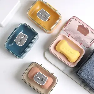 Transparent Plastic Soap Box with Drain System and Lid, Rectangular Bathroom Organizer, Non-Slip Base, Durable for Home, Dorm, Travel