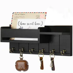 Wall Mounted Key Organizer Storage Holder, Wall Mount Design, 1 Count Wooden Wall Shelf with 6 Key Hooks, Mail Sorter, Home Organizer for Living Room Entrance