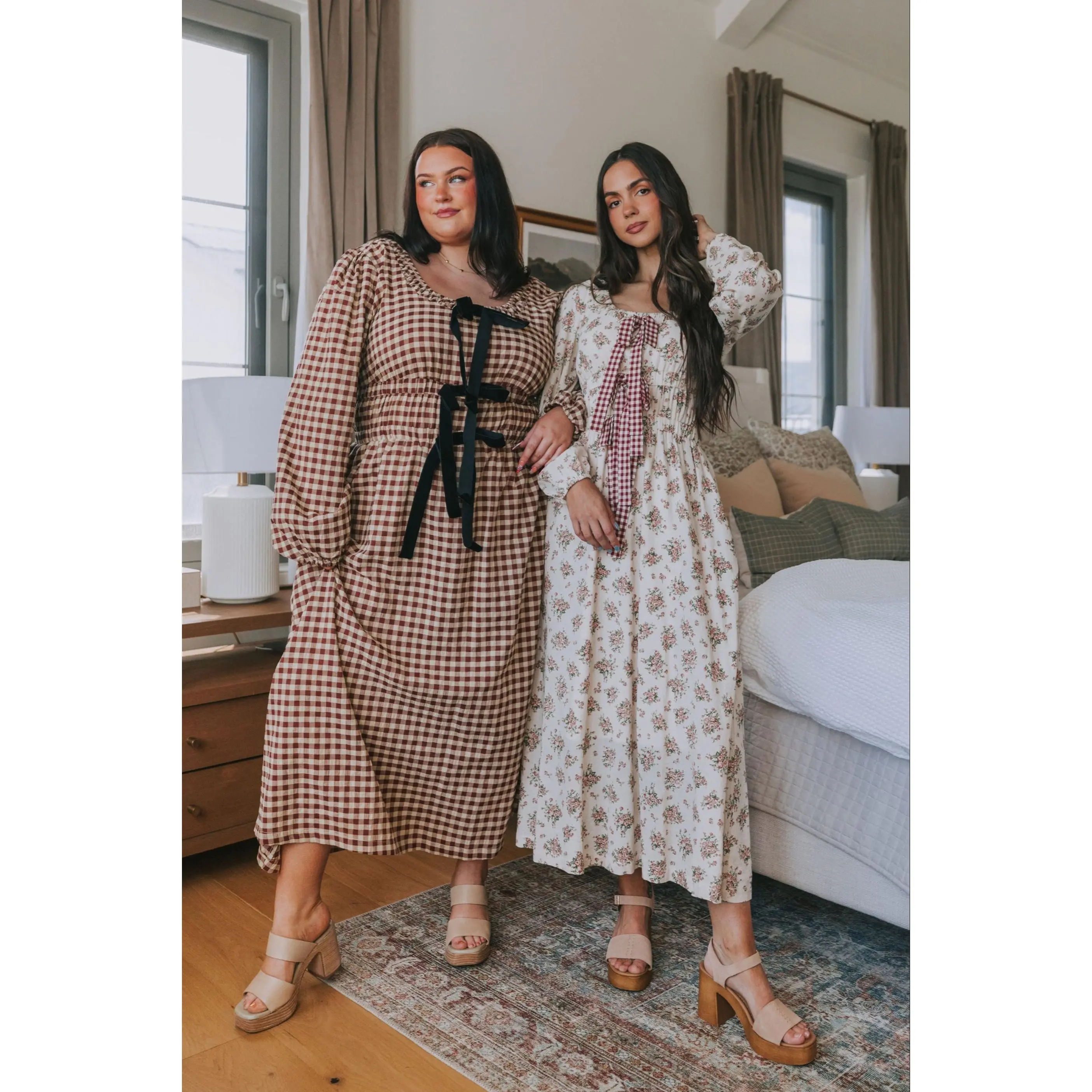 Women's Exclusive Taking Sides Casual Dress - XXS-6XL Brown Gingham & Cream Floral, Long Puff Sleeves, Midi Length, Pockets, Cute Elastic Fabric, Holiday Style