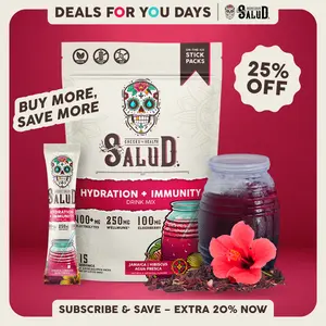 Salud 2-in-1 [Hydration + Immunity - Jamaica | Hibiscus] 400mg Electrolytes, 250mg Wellmune, 100mg Elderberry, Dairy & Soy Free, Non-GMO, Gluten Free - Healthcare, Vitamin (15 Servings)