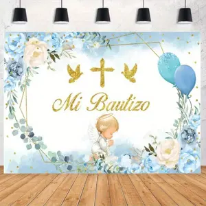1pc  Flat Elegant Blue & Golden Christening Angel & Floral Design - Baptism Celebrations, Portrait Photography, Decorations, Baptism Backdrop |   Serene Angel Illustration | Motivational Cotton Room Flag