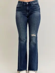 " TALL " Stacy Judy Blue Mid Rise Flare Destroy & Fray Hem Jean