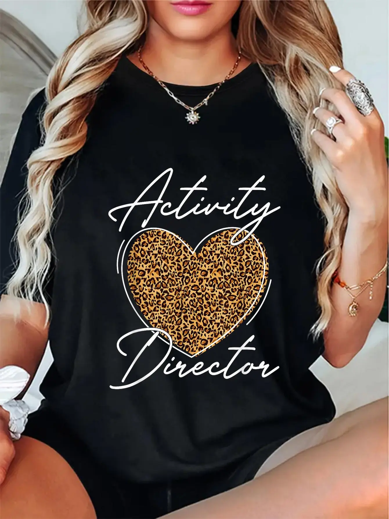Women's Casual Soft Cotton Breathable Short-Sleeve Relaxed-Fit Graphic T-Shirt, Digital Print 'Love' Activity Director Design, All Seasons Top for Professionals Week, Check Size Chart