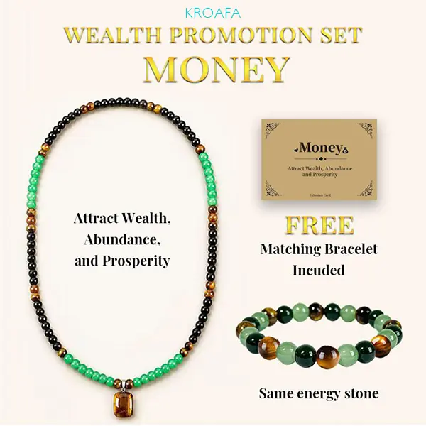 KROAFA Buy 1 Get 1 Free Wealth-Attracting Jewelry Set, Including Black Agate, Green Dongling Jade Stones, Green Quartz, Tiger’s Eye Pendant, Healing Crystal, Money Attraction Bracelet, Unisex Gift, Buy 1 Get 1 Free Product