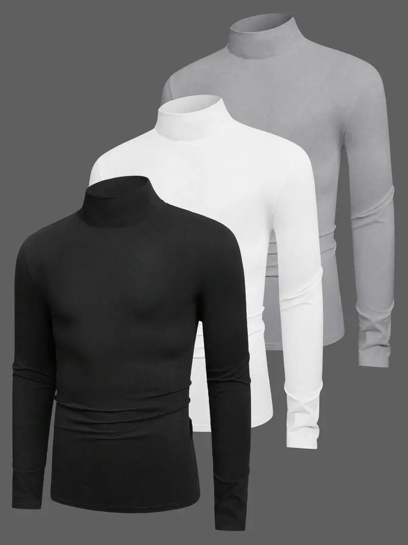 3pcs Men's Solid Color Casual Turtleneck Long Sleeve T-Shirt, Mens Fall And Winter Base Shirt, Men's Spring High Neck Shirt, Men's Summer Half High Neck Shirt, Men'S Casual Top Jacket, Suitable For All Seasons Of Casual Items