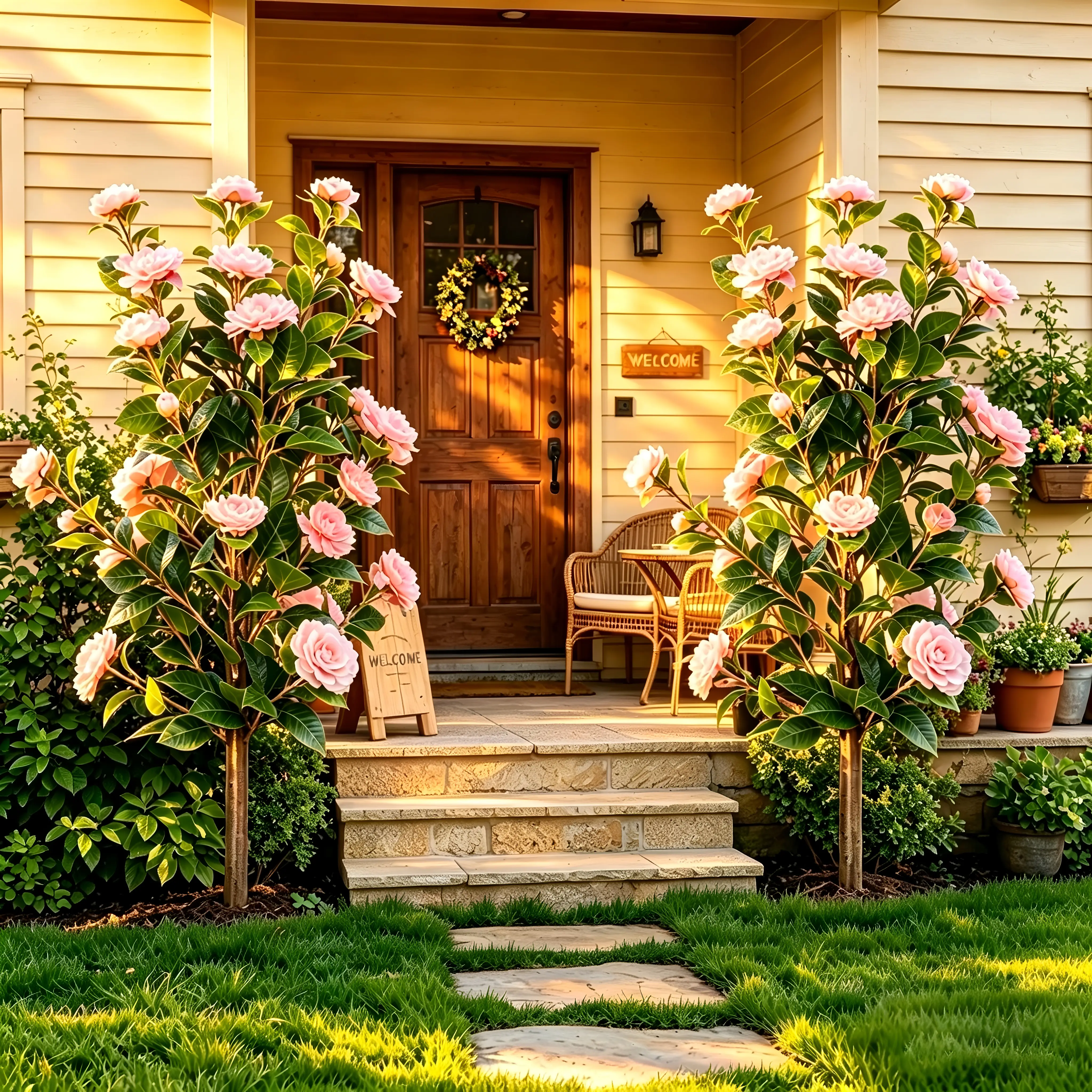 DLD 2-Pack 35-Inch Decorative Artificial White Camellia Tree Shrubs, Weather-Resistant Realistic Flower Stems, Outdoor Patio Garden Decor, Housewarming Gift