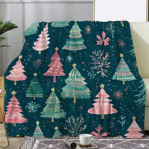 Soft, Warm, Comfortable Vintage Christmas Tree Print Flannel Throw Blanket - Knitted Polyester Blanket for All-Season Cozy Gift