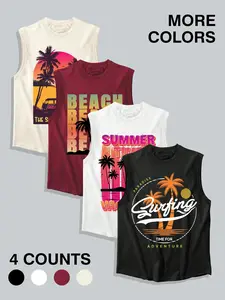 Men's Summer Beach Graphic Sleeveless Stylish Tank Tops, 4 Pack Retro Tropical Palm Tree Print Loose Fit Crew Neck Muscle Tanks, Casual Breathable Cotton Sleeveless Shirts for Surfing Vacation Gym, 2026 Trending Streetwear Vibe for Men