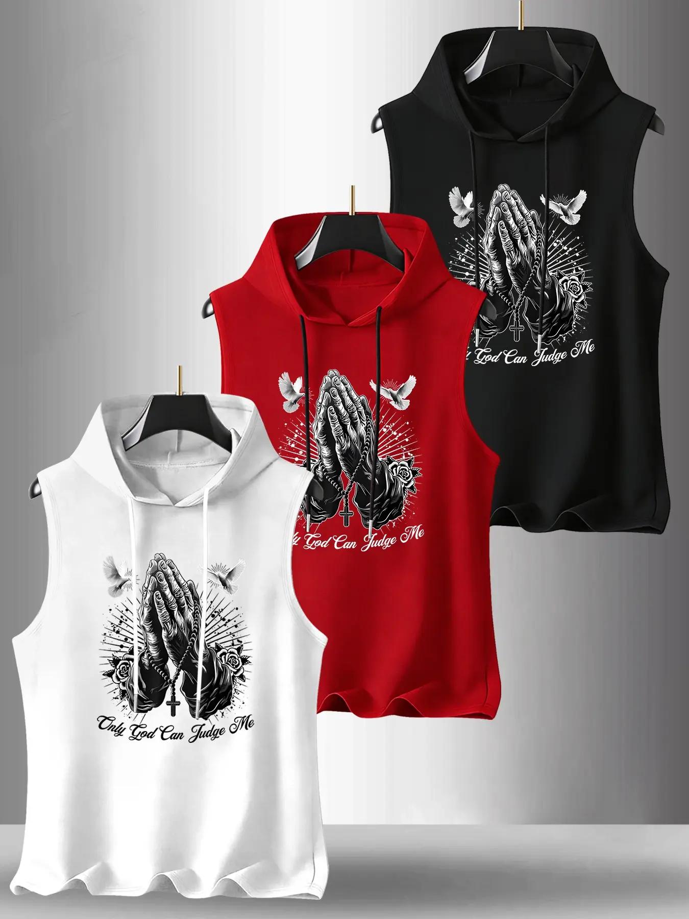 Men's 3-Pack Letter Graphic Hooded Sleeveless T-Shirt, Casual Comfortable Hoodie Vest, Casual Fashion Sporty Top, Summer Outdoor Fitness Wear, Sportswear Clothing