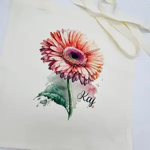 Watercolour Gerbera Tote Bag with Long Handle - Personalised Floral Shopping Bag for Her #1612