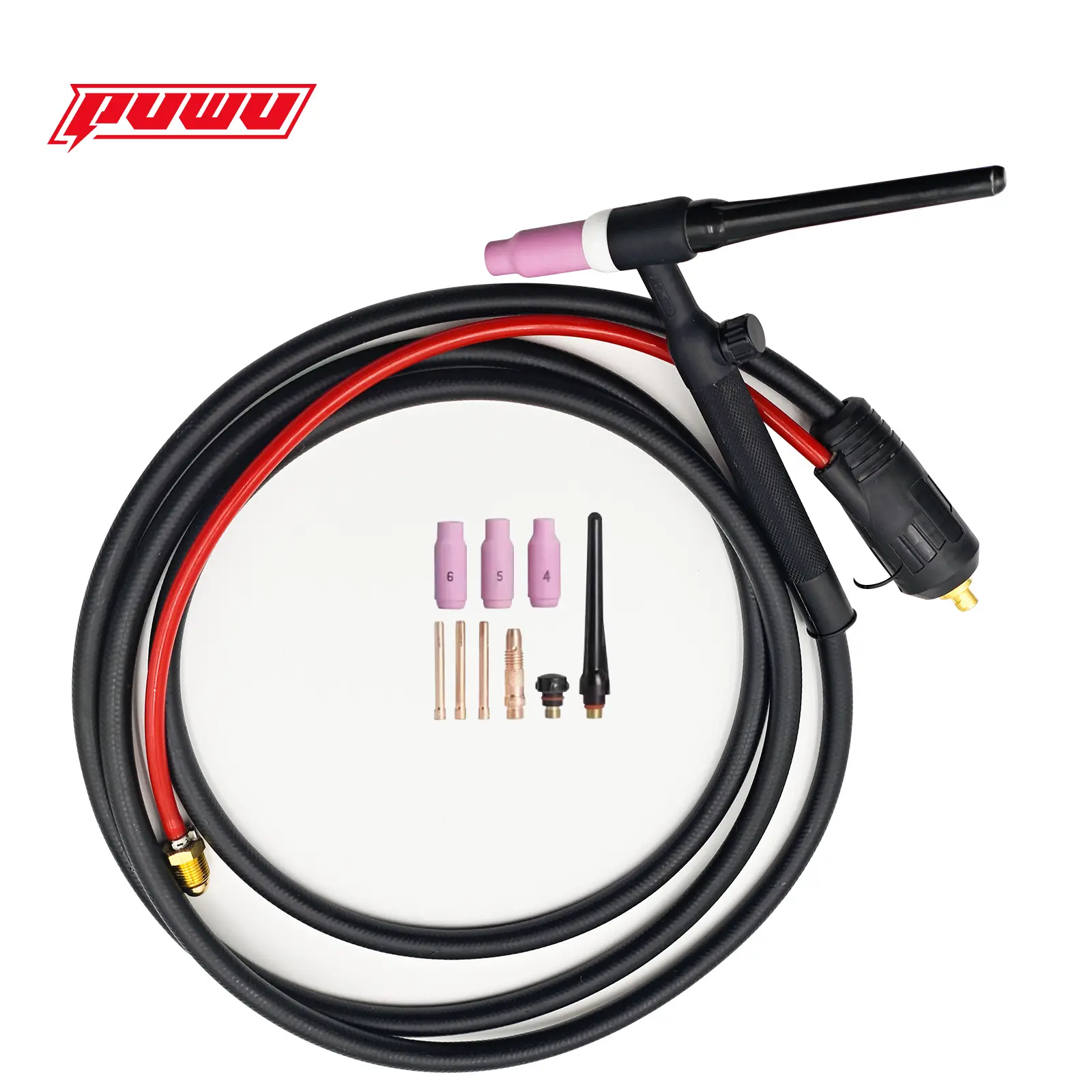 Puwu TIG welding torch kit, equipped with ceramic nozzle and tungsten bracket, 3-meter welding gun and 4-meter gas tube. Suitable for manual welding and MIG models with 35-50 quick connect. Suitable for MIG-250PRO, PW-ARC-195PRO