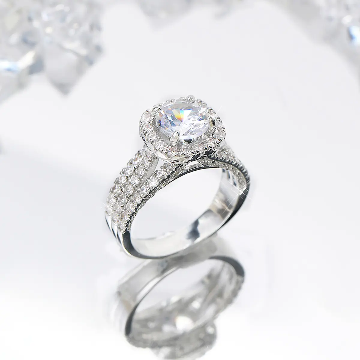 SSD Jewelry 925 Sterling Silver Shiny Full Diamond Ring Round Cubic Zirconia Anniversary Promise Cocktail Ring CZ Diamond Multi Row Ring Eternity Engagement Wedding Band Ring