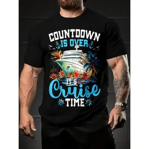[Cruise T-Shirt] Summer 3D Digital Print Cruise T-Shirt | Men's Tropical Nautical Graphic Tee with "Countdown Is Over It's Cruise Time" Slogan, Black Casual Short Sleeve Round Neck, Machine Washable, Comfortable Fit