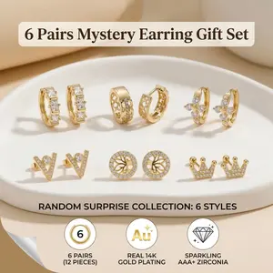 6 Pairs Mystery Earring Gift Set, 14K Gold Plated Huggie Hoops and Studs with Cubic Zirconia, Dainty Jewelry for Women, 6 Pairs 14K Gold Plated Dainty Hoops & Studs Surprise Set, 14K Gold Plated Earrings for Women & Girls