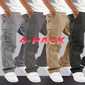 [Heavy-Duty Cargo Pants] 4pcs Men's Heavy-Duty Loose-Fit Pants | Elastic Drawstring Waist, Multiple Utility Pockets - Machine Washable Non-Stretch Fabric for Outdoor, Construction, Travel Available in Gray/Beige/Black Teens Casual